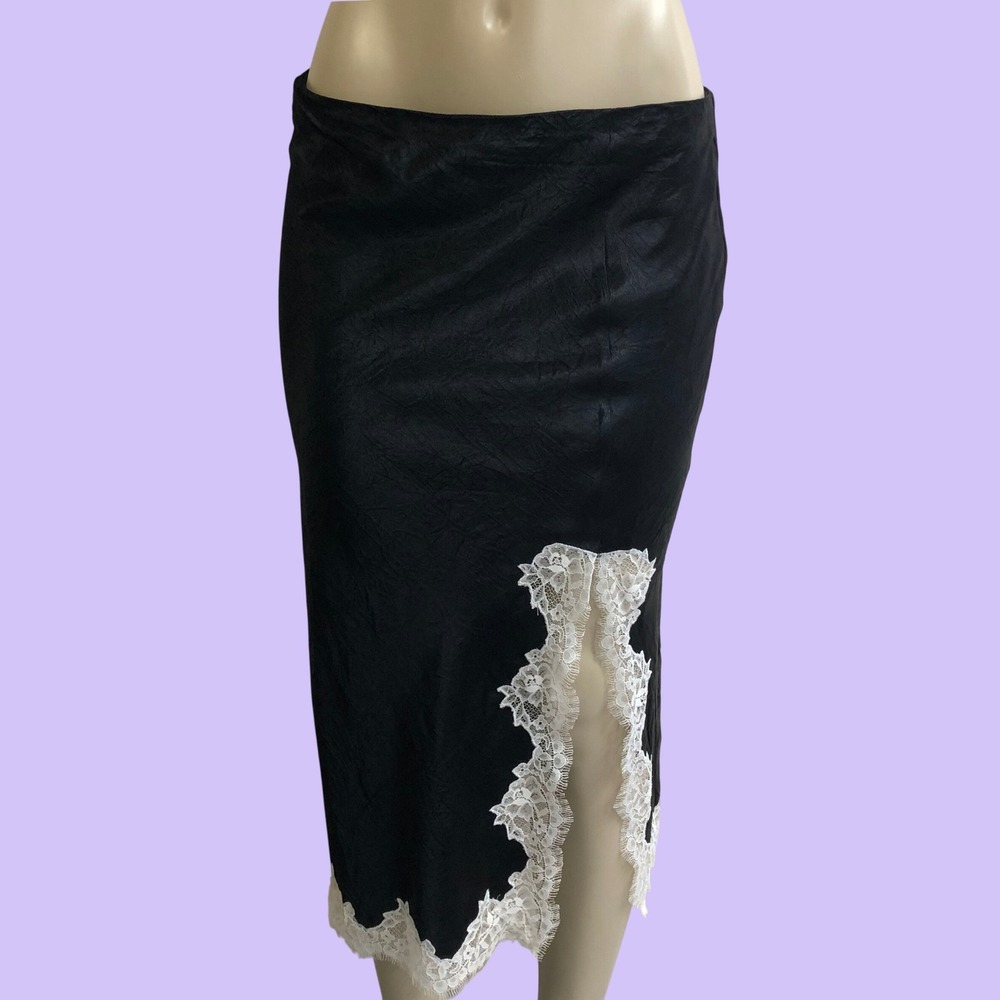 J.Crew Black Textured Satin Lace Trim Side Slit Slip Midi Skirt 90s Coquette M L